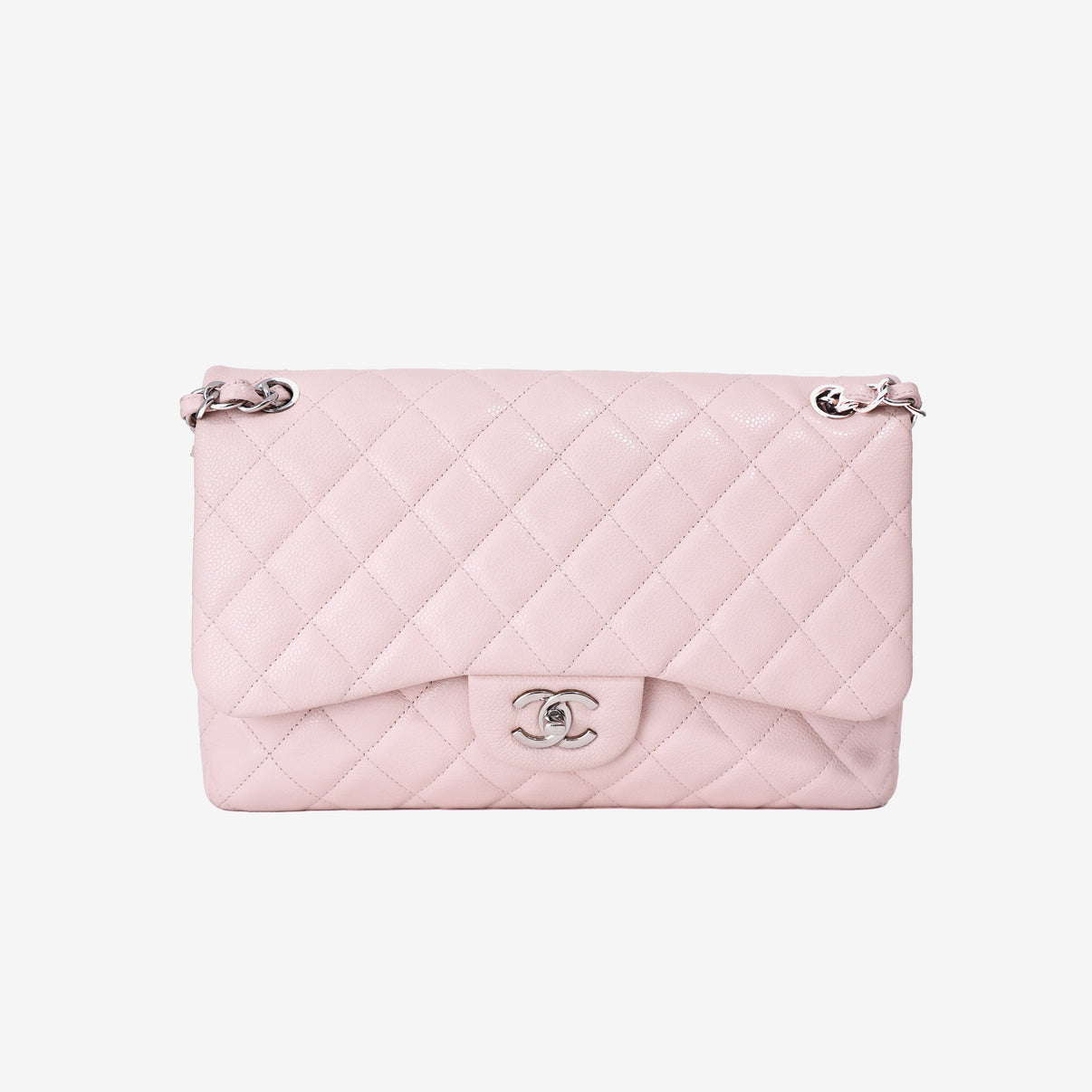 Chanel Classic Jumbo Flap Bag in Light Pink Grained Calfskin Leather with Silver Hardware front view