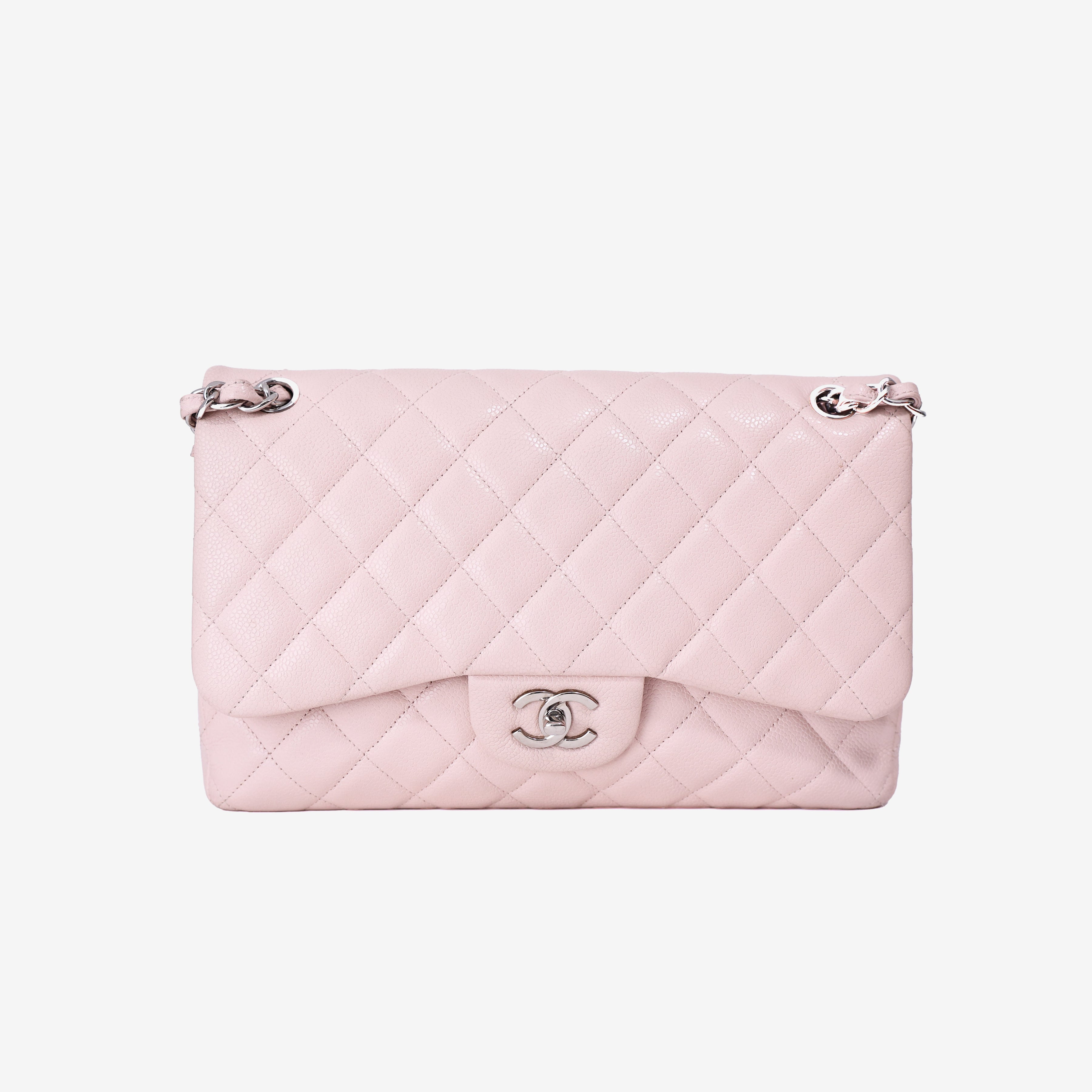 Chanel Classic Jumbo Flap Bag in Light Pink Grained Calfskin Leather with Silver Hardware front view