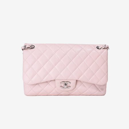 Chanel Classic Jumbo Flap Bag in Light Pink Grained Calfskin Leather with Silver Hardware front view