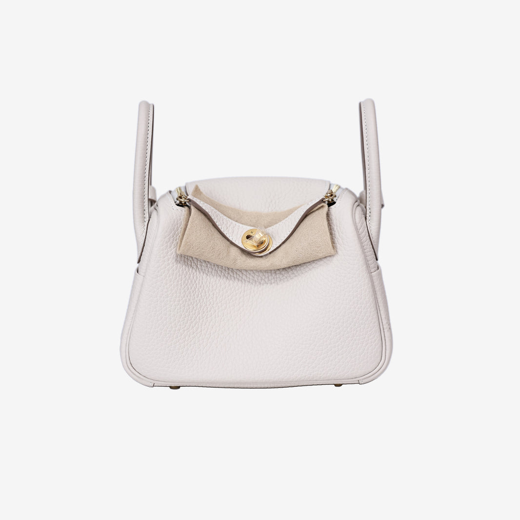Hermès Mini Lindy in Craie Clemence Leather with Gold Hardware front view