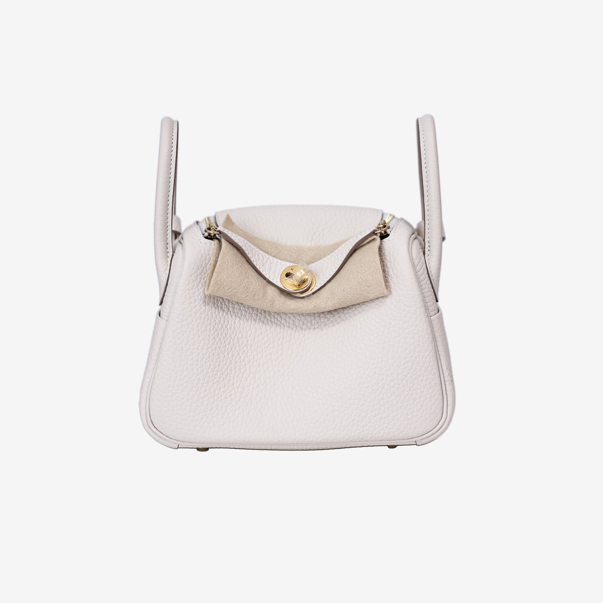 Hermès Mini Lindy in Craie Clemence Leather with Gold Hardware front view