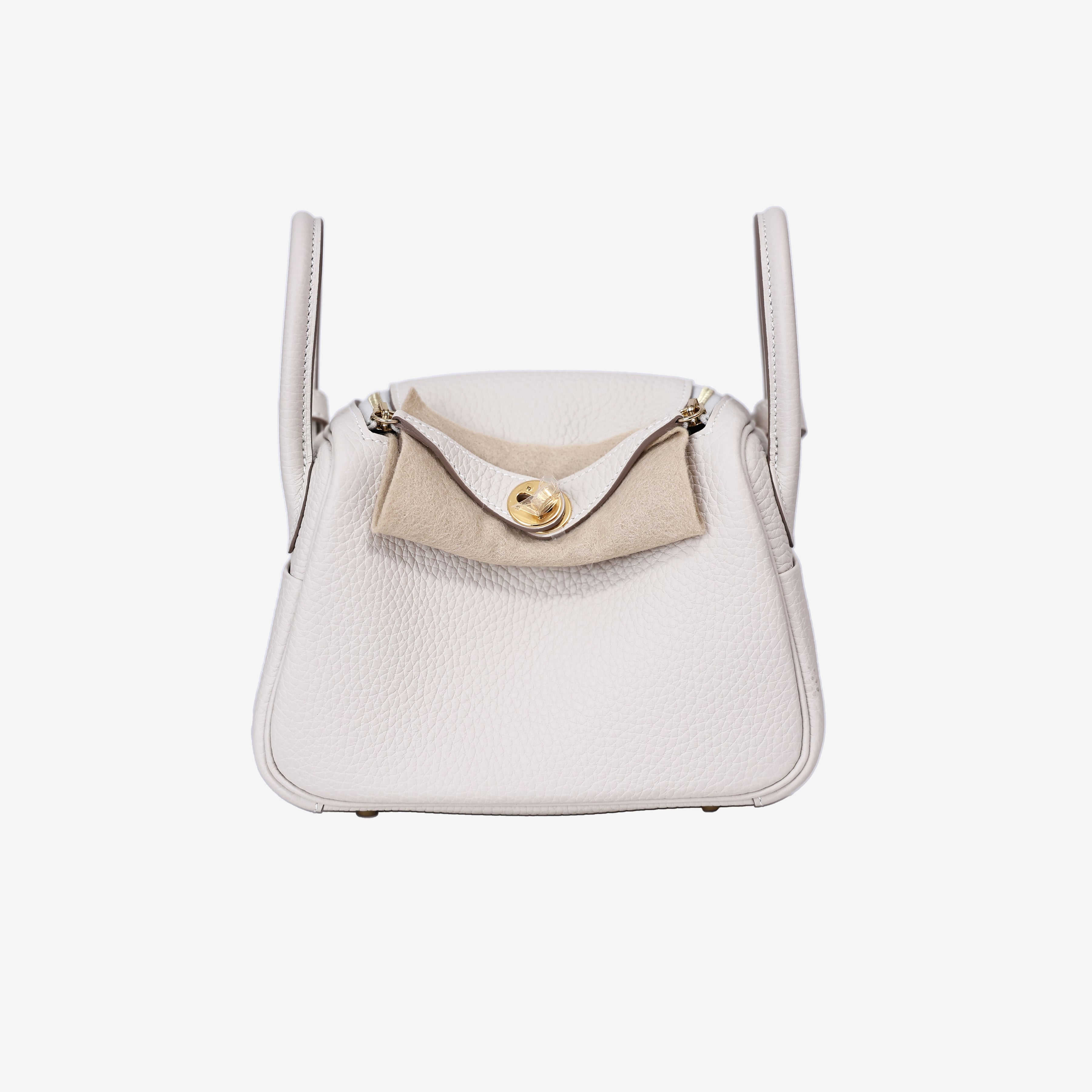 Hermès Mini Lindy in Craie Clemence Leather with Gold Hardware front view