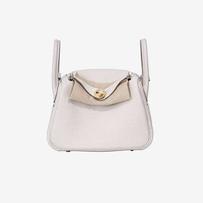 Hermès Mini Lindy in Craie Clemence Leather with Gold Hardware front view