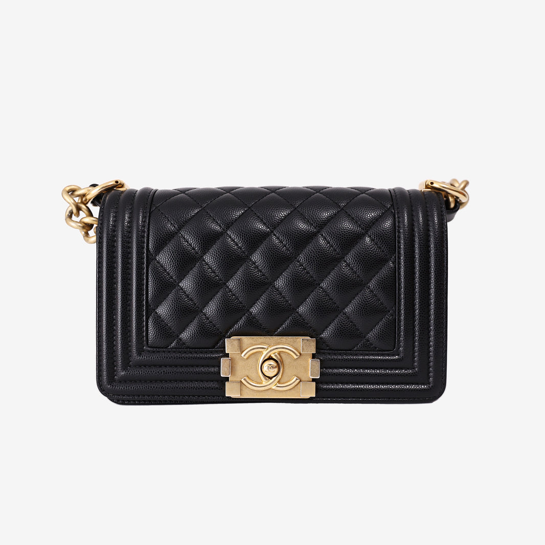 Chanel Small Boy Bag in Black Quilted Caviar Leather with Gold Hardware
