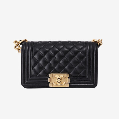 Chanel Small Boy Bag in Black Quilted Caviar Leather with Gold Hardware