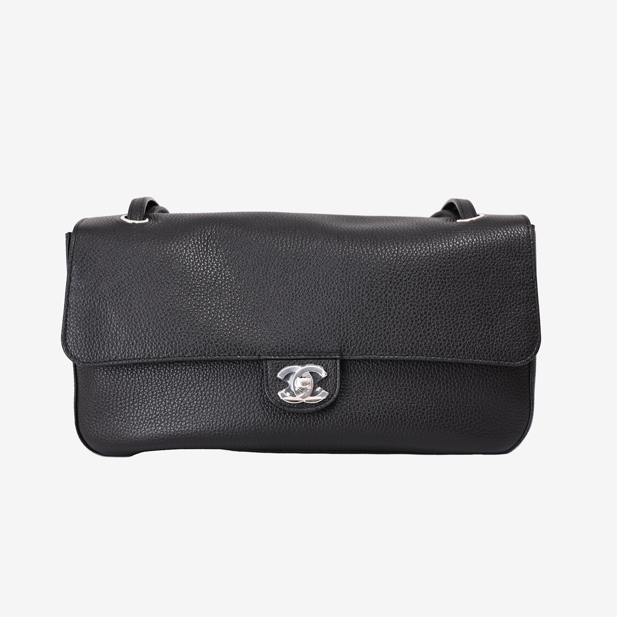 Chanel 26S Maxi Flap Bag in Black Grained Calfskin Leather with Silver Hardware front view