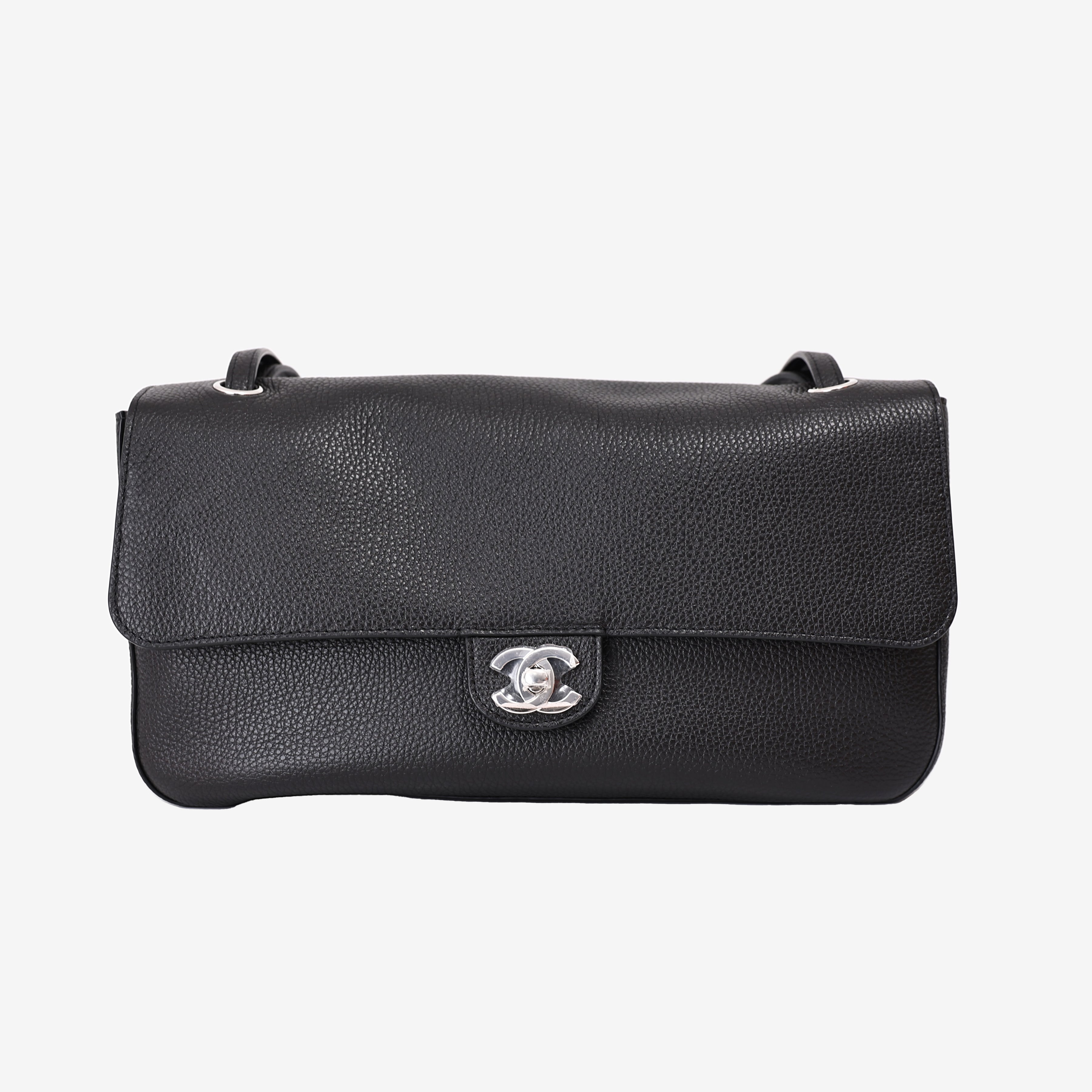 Chanel 26S Maxi Flap Bag in Black Grained Calfskin Leather with Silver Hardware front view
