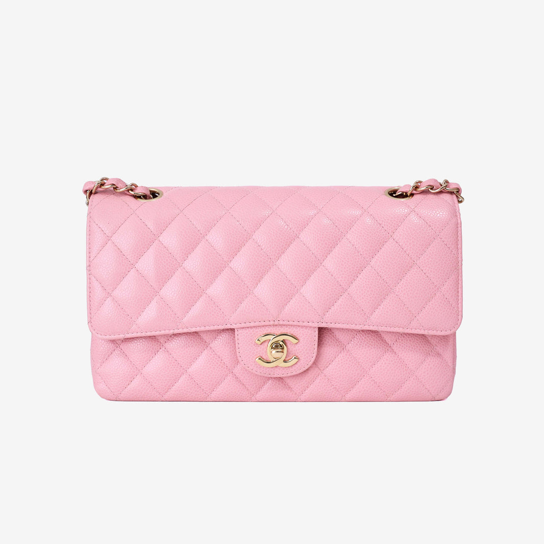 Chanel Classic Double Flap Medium in Barbie Pink Caviar Leather with Gold Hardware front view