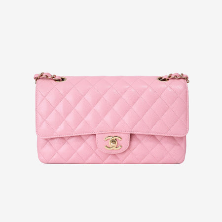 Chanel Classic Double Flap Medium in Barbie Pink Caviar Leather with Gold Hardware front view