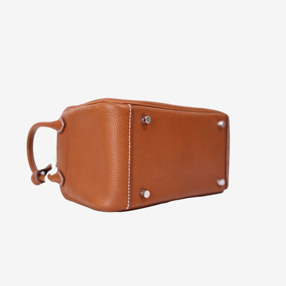 Hermès Mini Lindy in Gold Barenia Leather with Palladium Hardware bottom side view