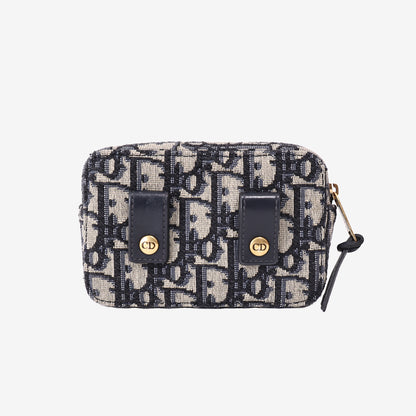 Dior Oblique Pouch in Navy and Beige Jacquard Canvas with Gold Hardware back view