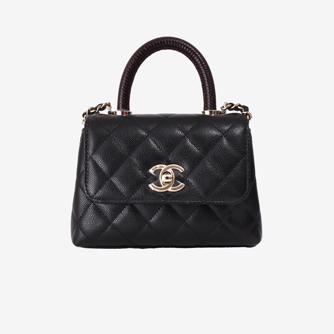 Chanel Mini Coco Handle in Black Caviar Leather with Gold Hardware and Burgundy Lizard-Embossed Top Handle