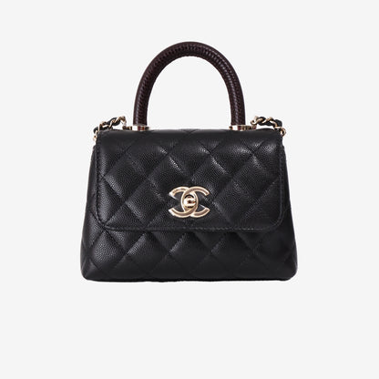 Chanel Mini Coco Handle in Black Caviar Leather with Gold Hardware and Burgundy Lizard-Embossed Top Handle