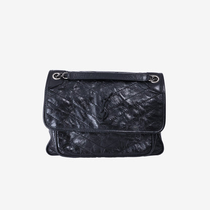 Saint Laurent Medium Niki Shoulder Bag in Black Crinkled Calfskin Leather with Silver Hardware