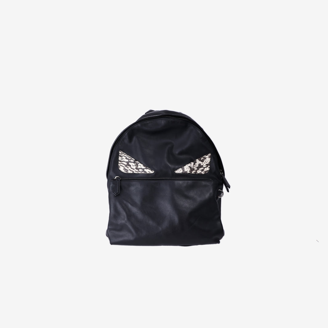 Fendi Monster Rucksack Backpack in Black Calfskin Leather/Crocodile Leather with Silver Hardware