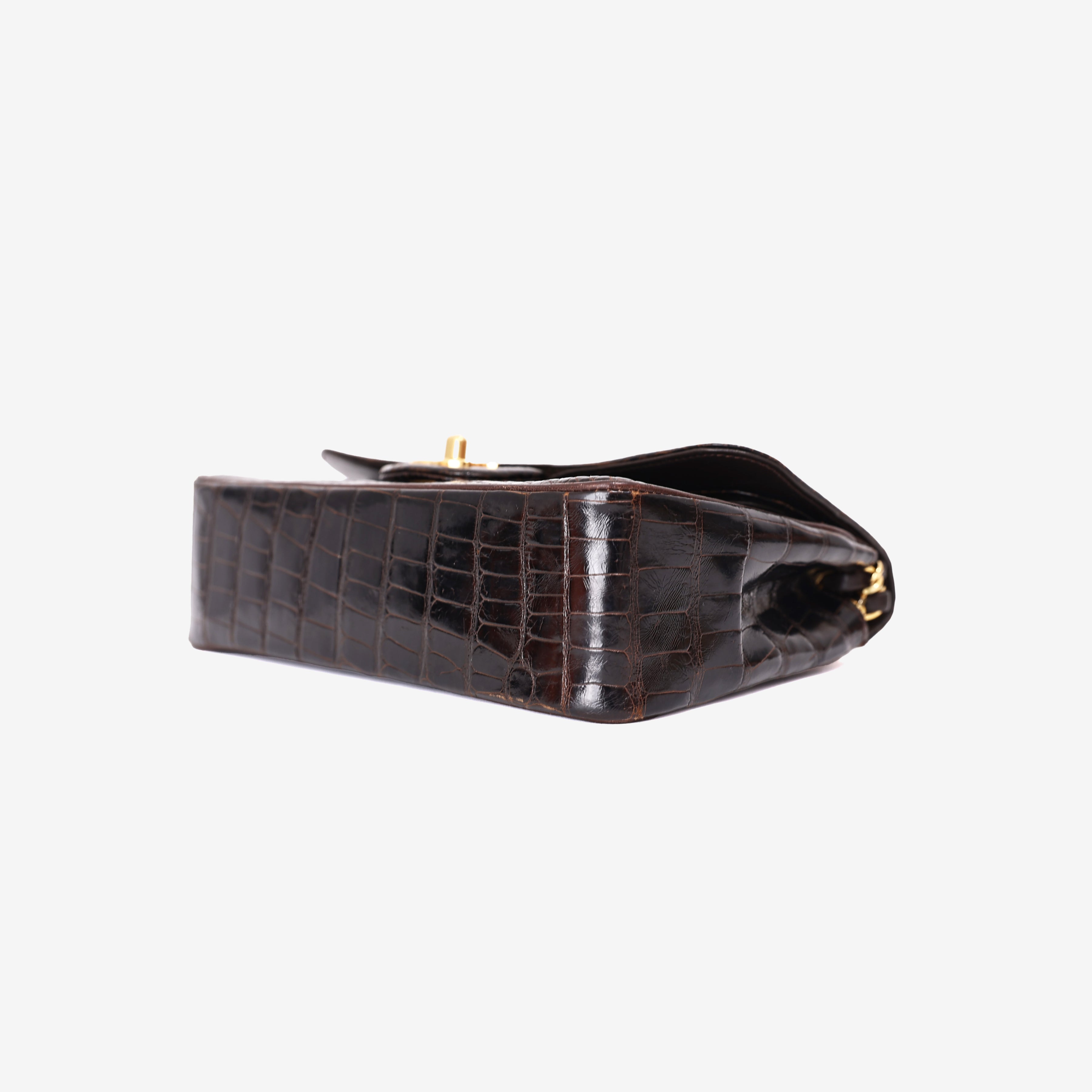 Chanel Timeless Classic Double Flap Small in Black Shiny Alligator Leather with Gold Hardware bottom side view