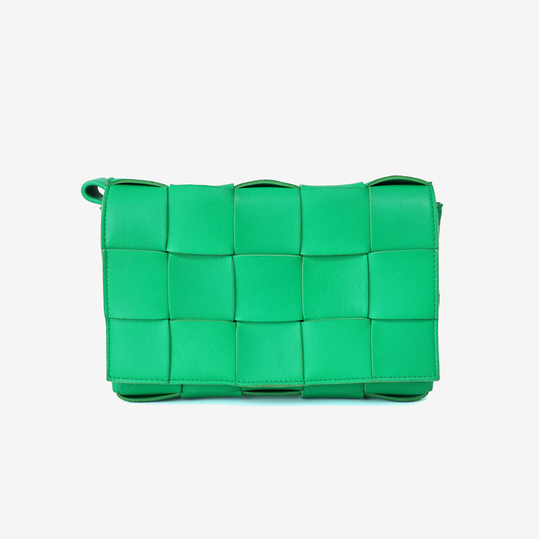 Bottega Veneta Cassette Bag in Green Leather with Silver Hardware front view