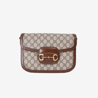 Gucci Horsebit 1955 Shoulder Bag in Beige Brown GG Canvas and Calfskin Leather with Gold Hardware