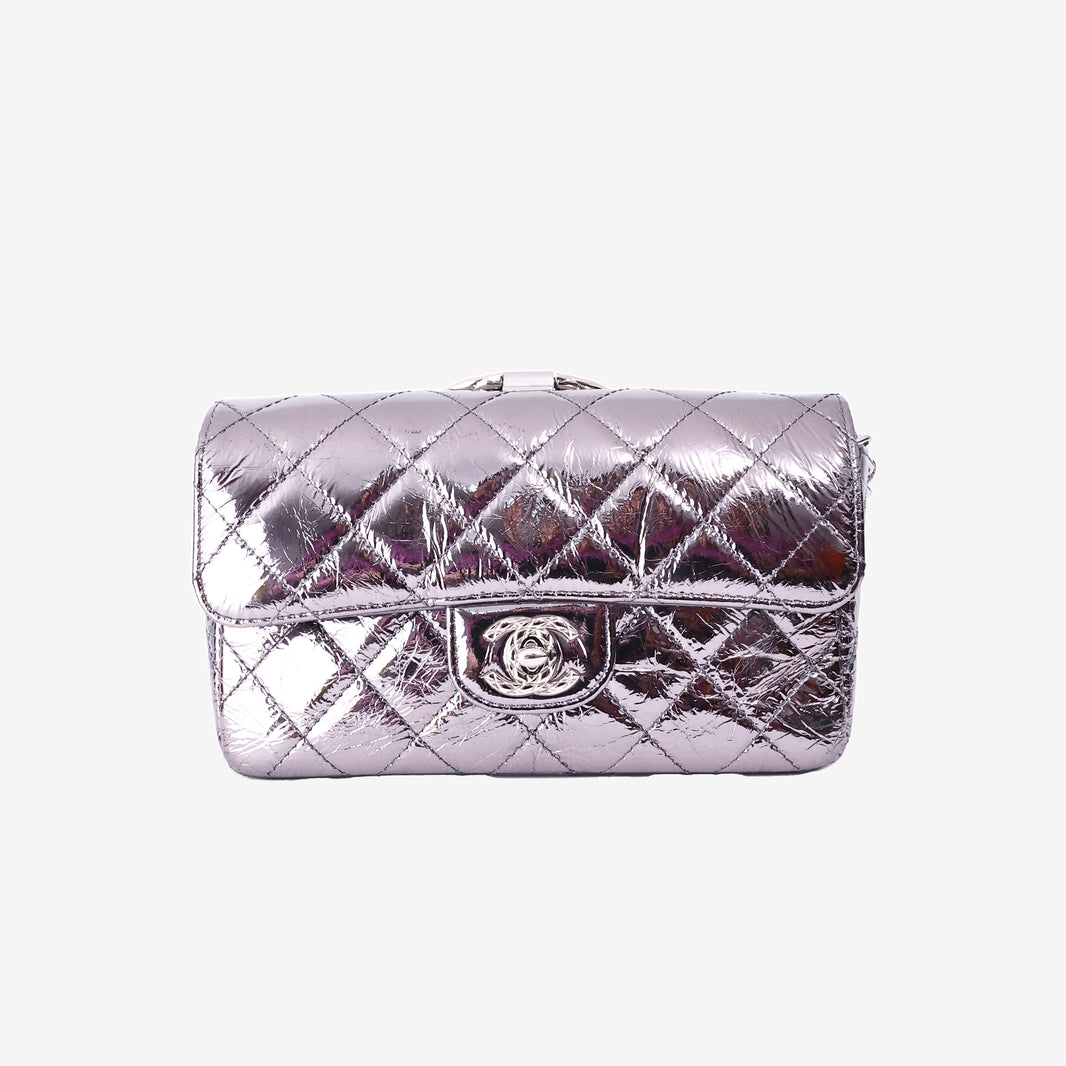 Chanel Mini Ring Handle Flap Bag in Silver Metallic Calfskin Leather with Silver Hardware