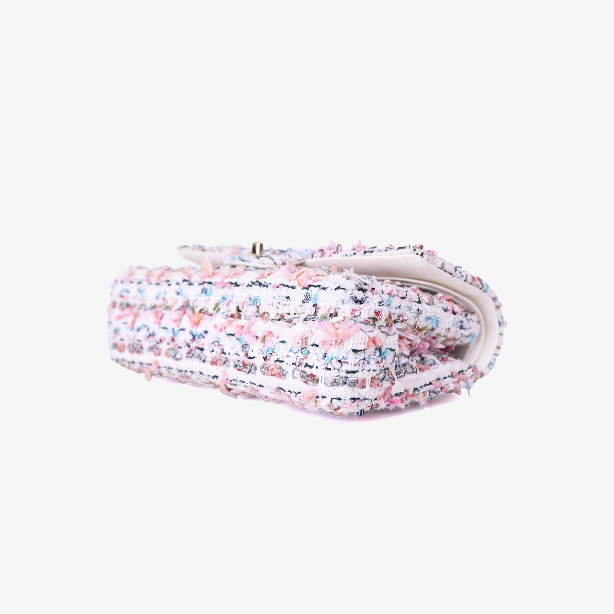 Chanel Classic Flap Bag in White/Pink Tweed Leather with Gold Hardware bottom side view