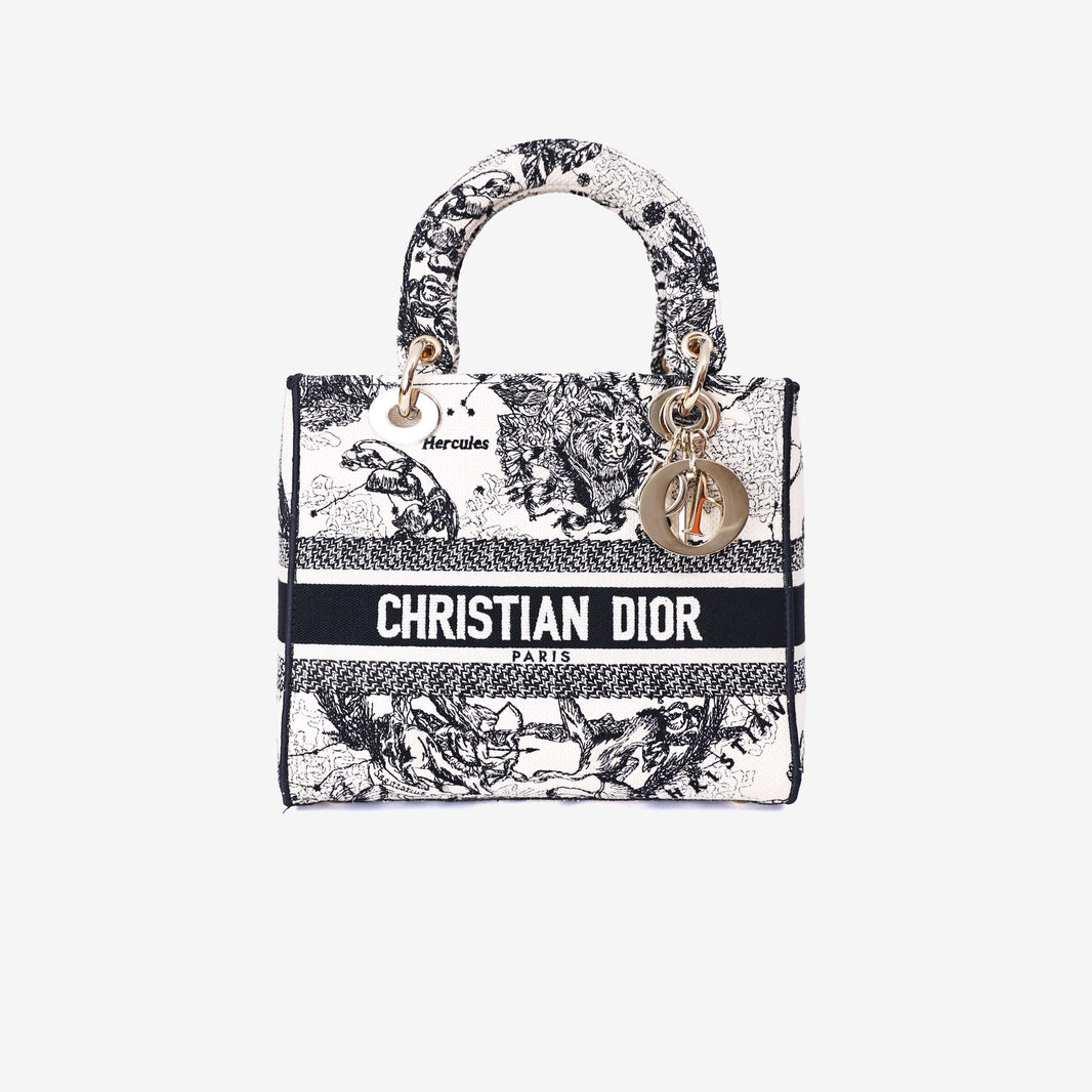 Dior Medium Lady D-Lite Zodiac Embroidered Bag in White/Black Canvas with Gold Hardware front view