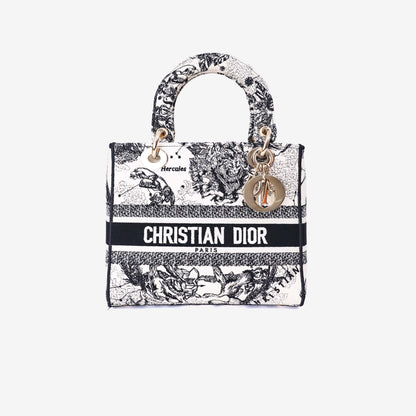 Dior Medium Lady D-Lite Zodiac Embroidered Bag in White/Black Canvas with Gold Hardware front view