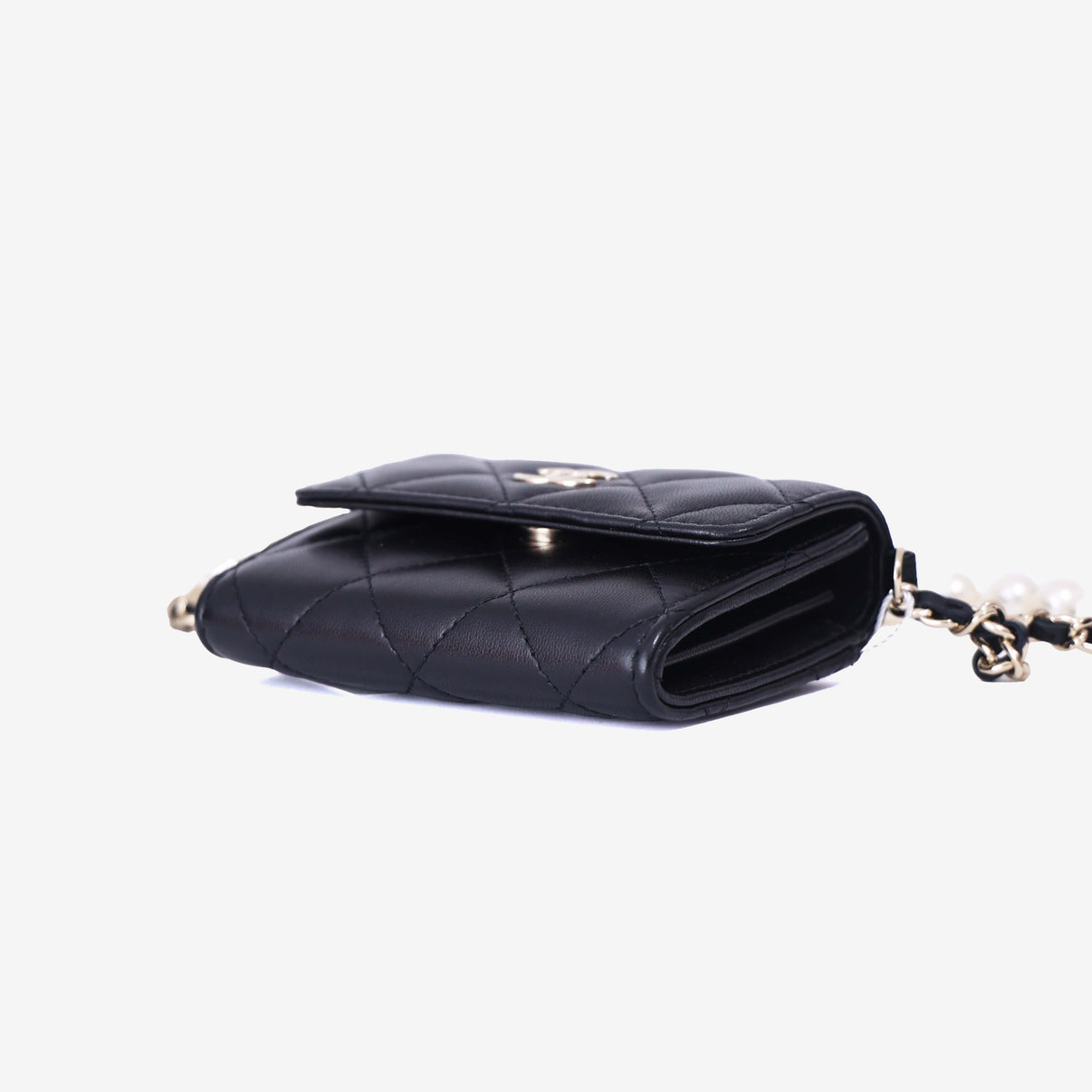 Chanel Wallet on Pearl Chain Card Holder in Black Lambskin Leather with Gold Hardware bottom side view