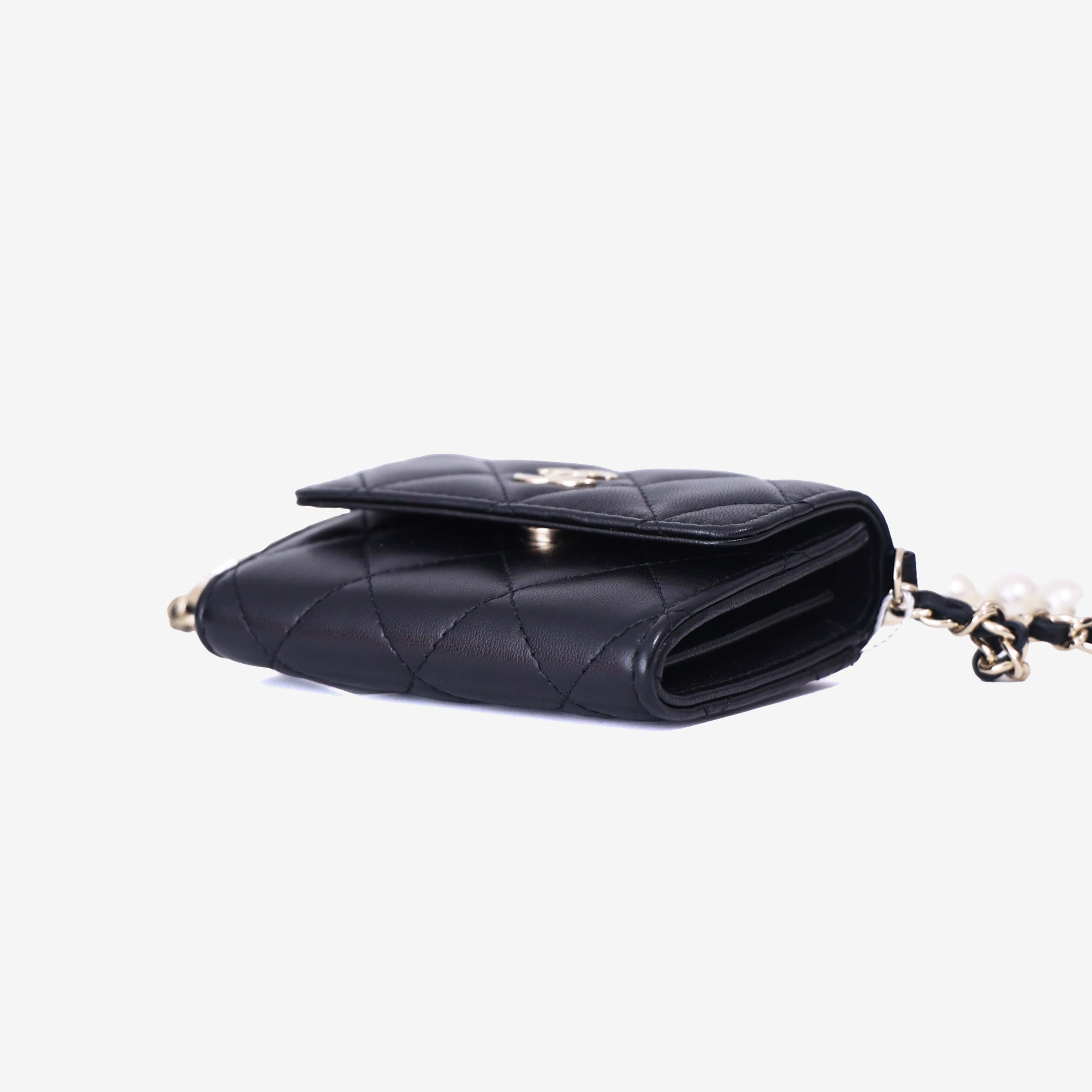 Chanel Wallet on Pearl Chain Card Holder in Black Lambskin Leather with Gold Hardware bottom side view
