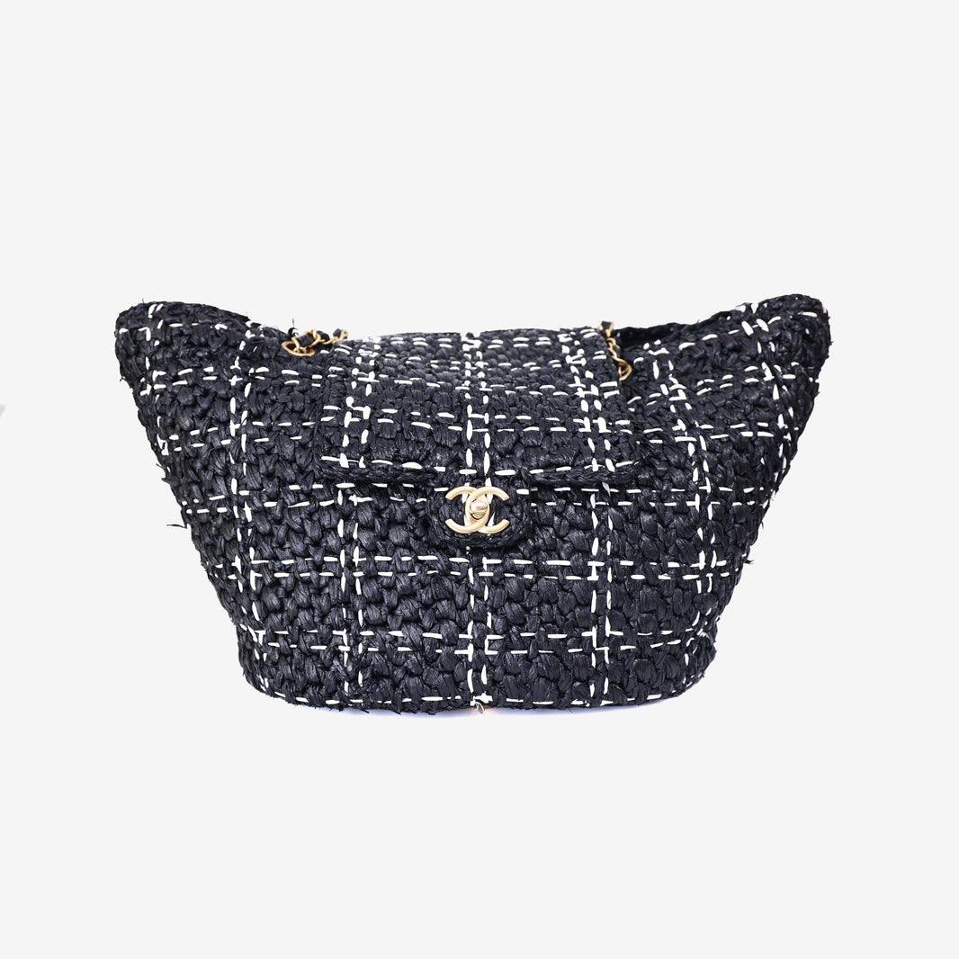 Chanel Raffia Effect Tote in Black/White Tweed Raffia Effect with Gold Hardware front view