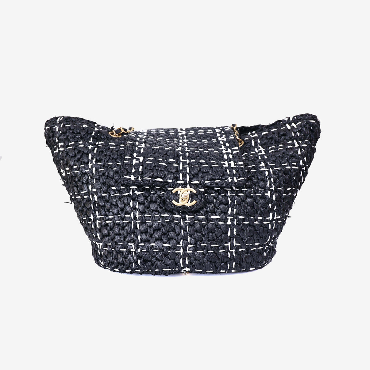 Chanel Raffia Effect Tote in Black/White Tweed Raffia Effect with Gold Hardware front view