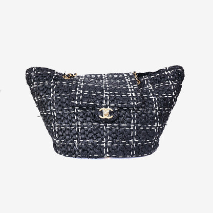 Chanel Raffia Effect Tote in Black/White Tweed Raffia Effect with Gold Hardware front view