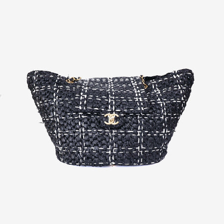 Chanel Raffia Effect Tote in Black/White Tweed Raffia Effect with Gold Hardware front view