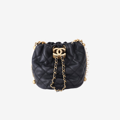 *RARE* Chanel Mini About Pearls Drawstring Bucket Bag in Black Quilted Calfskin Leather with Gold Hardware