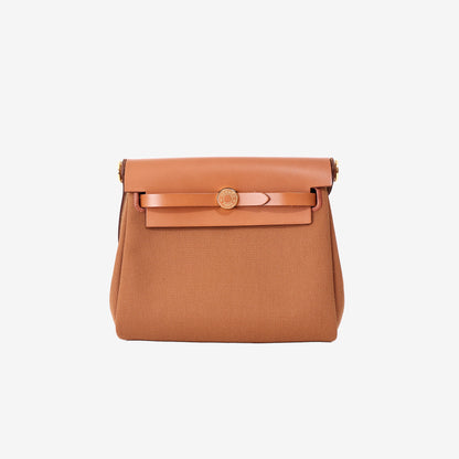 Hermès Herbag Zip Retourne 20 in Naturel Sable/Brown Military Toile Canvas/Vache Hunter Leather with Gold Hardware