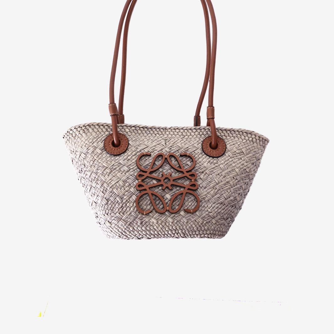 Loewe Anagram Mini Basket Bag in Natural/Tan Handwoven Iraca Palm with Calfskin Leather