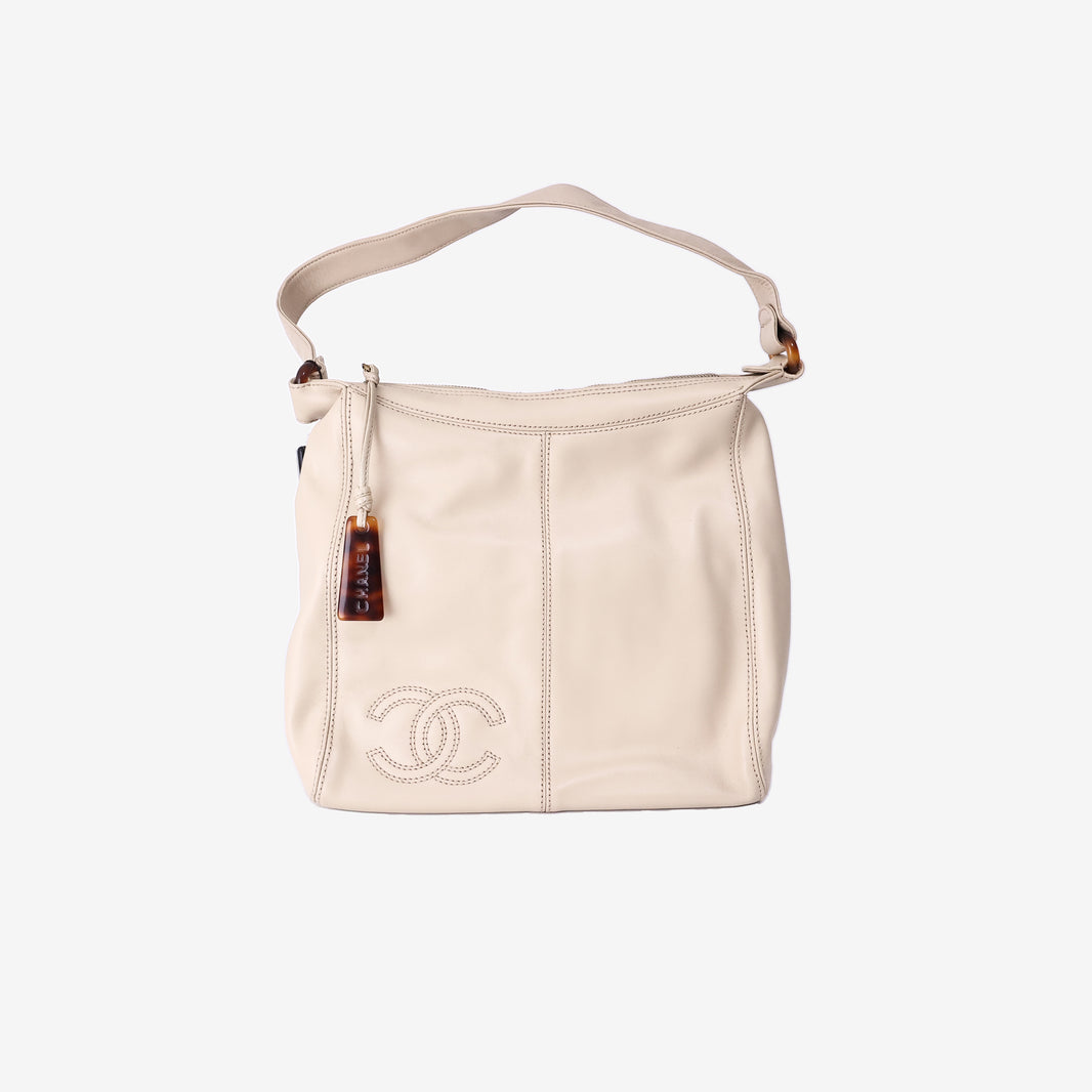 Chanel Leather Tortoiseshell CC Hobo Tote Bag in Beige Calfskin Leather with Gold Hardware