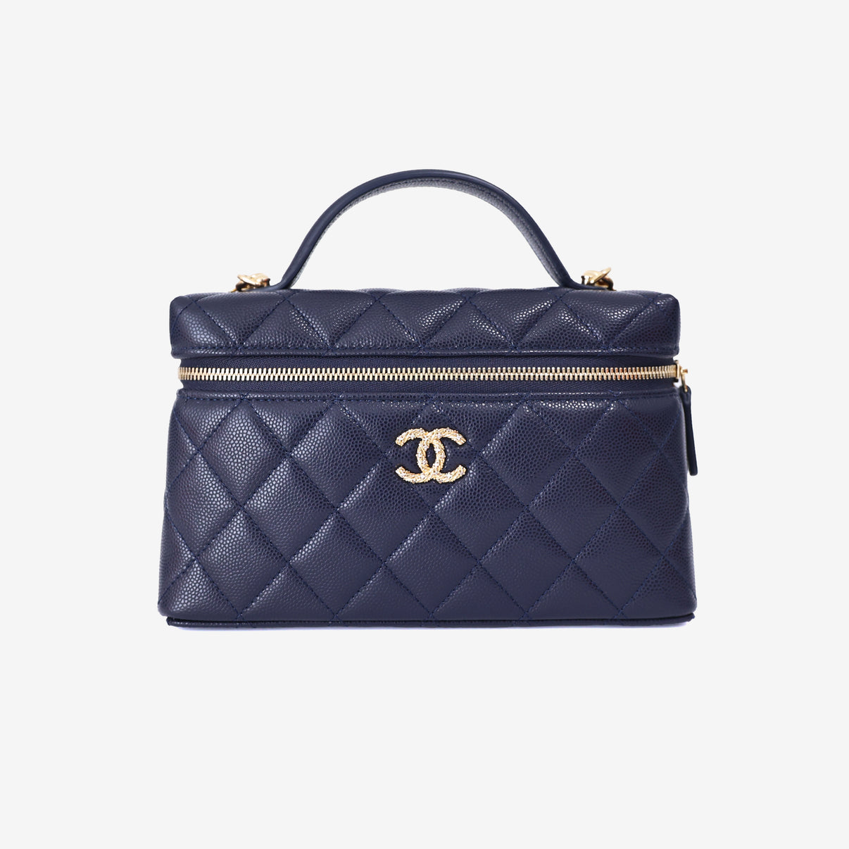 Chanel Long Vanity Case with Chain in Blue Caviar Leather with Gold Hardware front view