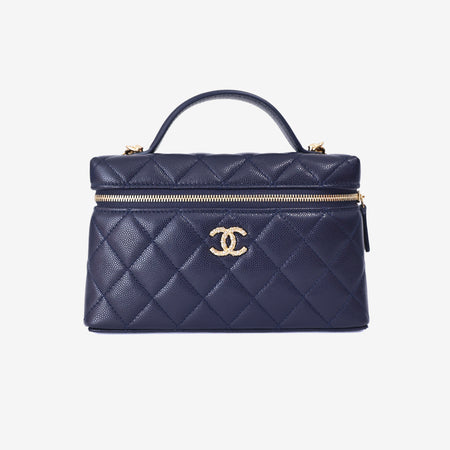 Chanel Long Vanity Case with Chain in Blue Caviar Leather with Gold Hardware front view