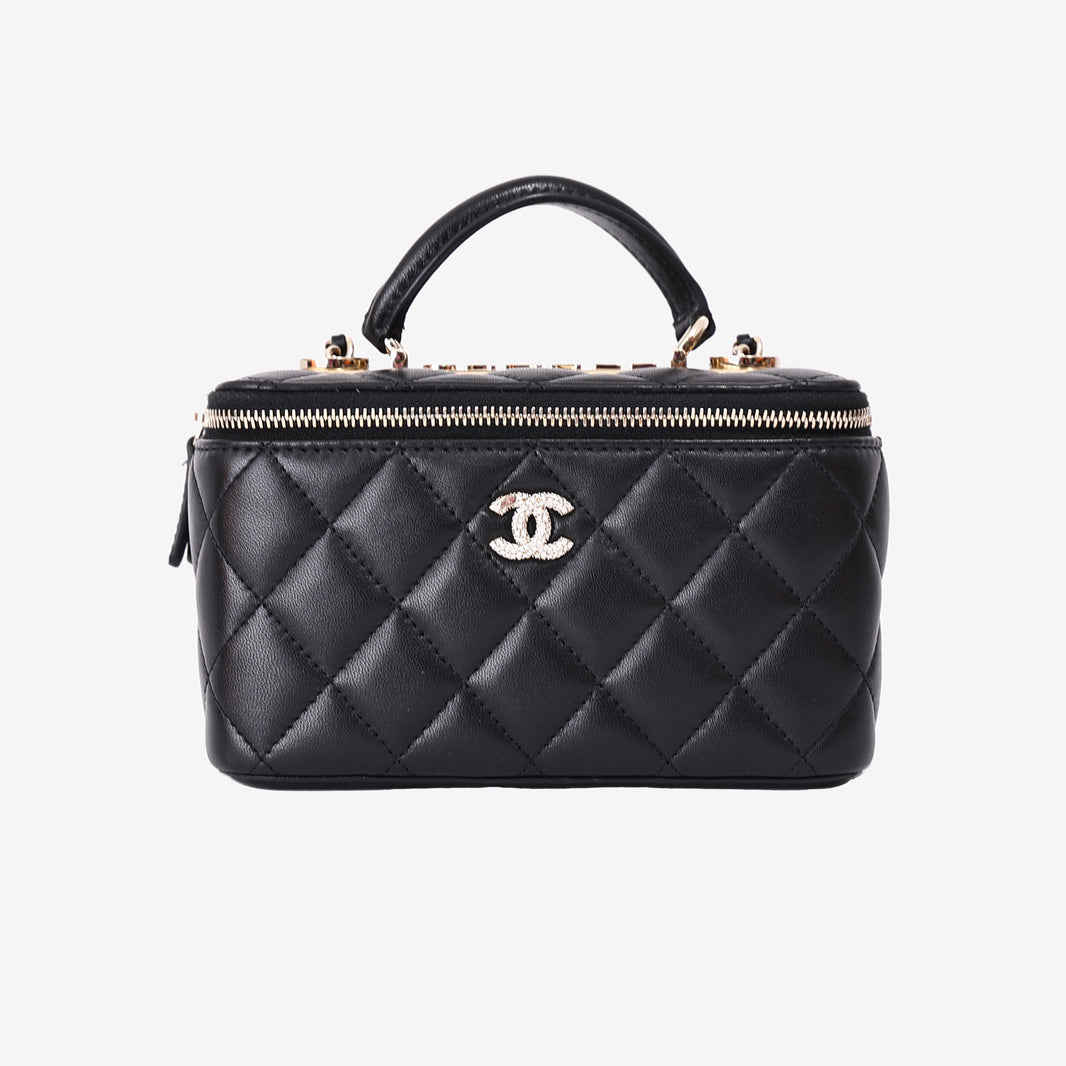 Chanel Small Vanity Case with Top Handle in Black Lambskin Leather with Gold Hardware front view