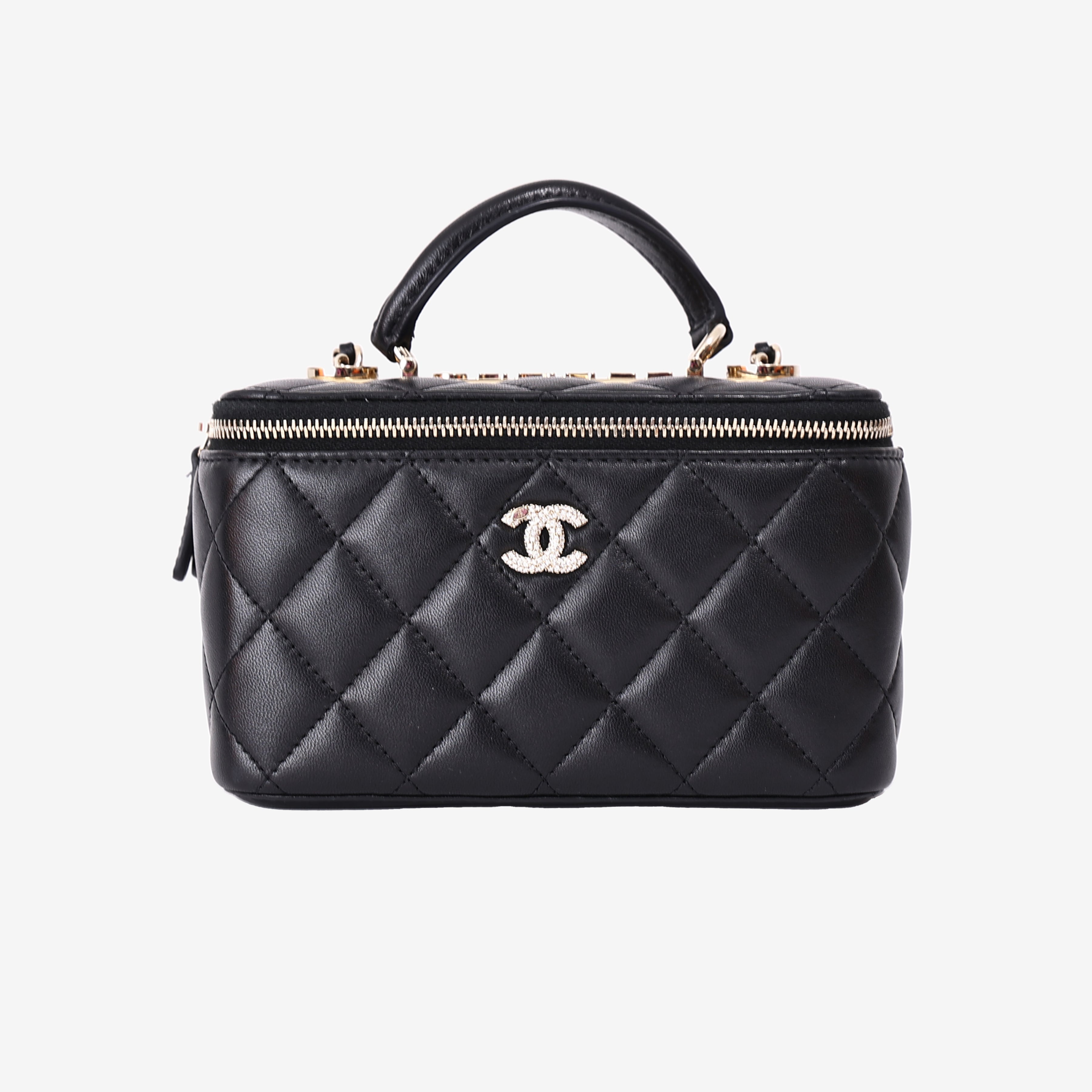 Chanel Small Vanity Case with Top Handle in Black Lambskin Leather with Gold Hardware front view