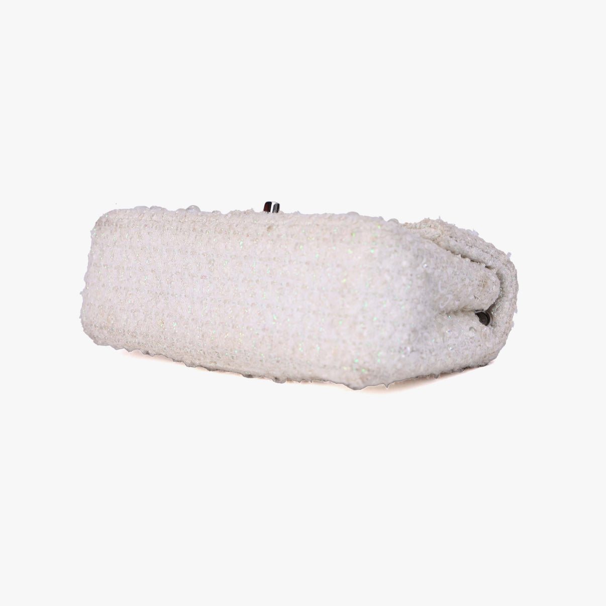Chanel Tweed Beaded Mini Rectangular Flap in White Tweed with Silver Hardware bottom side view