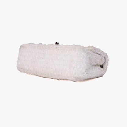 Chanel Tweed Beaded Mini Rectangular Flap in White Tweed with Silver Hardware bottom side view