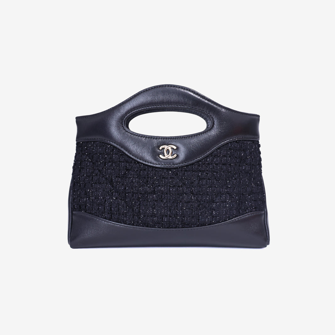 Chanel 31 Clutch with Chain Black Tweed & Lambskin Leather with Gold Hardware front view