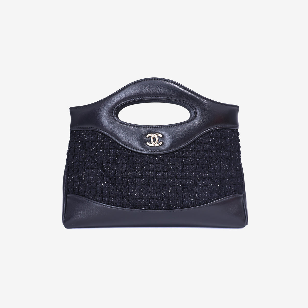 Chanel 31 Clutch with Chain Black Tweed & Lambskin Leather with Gold Hardware front view