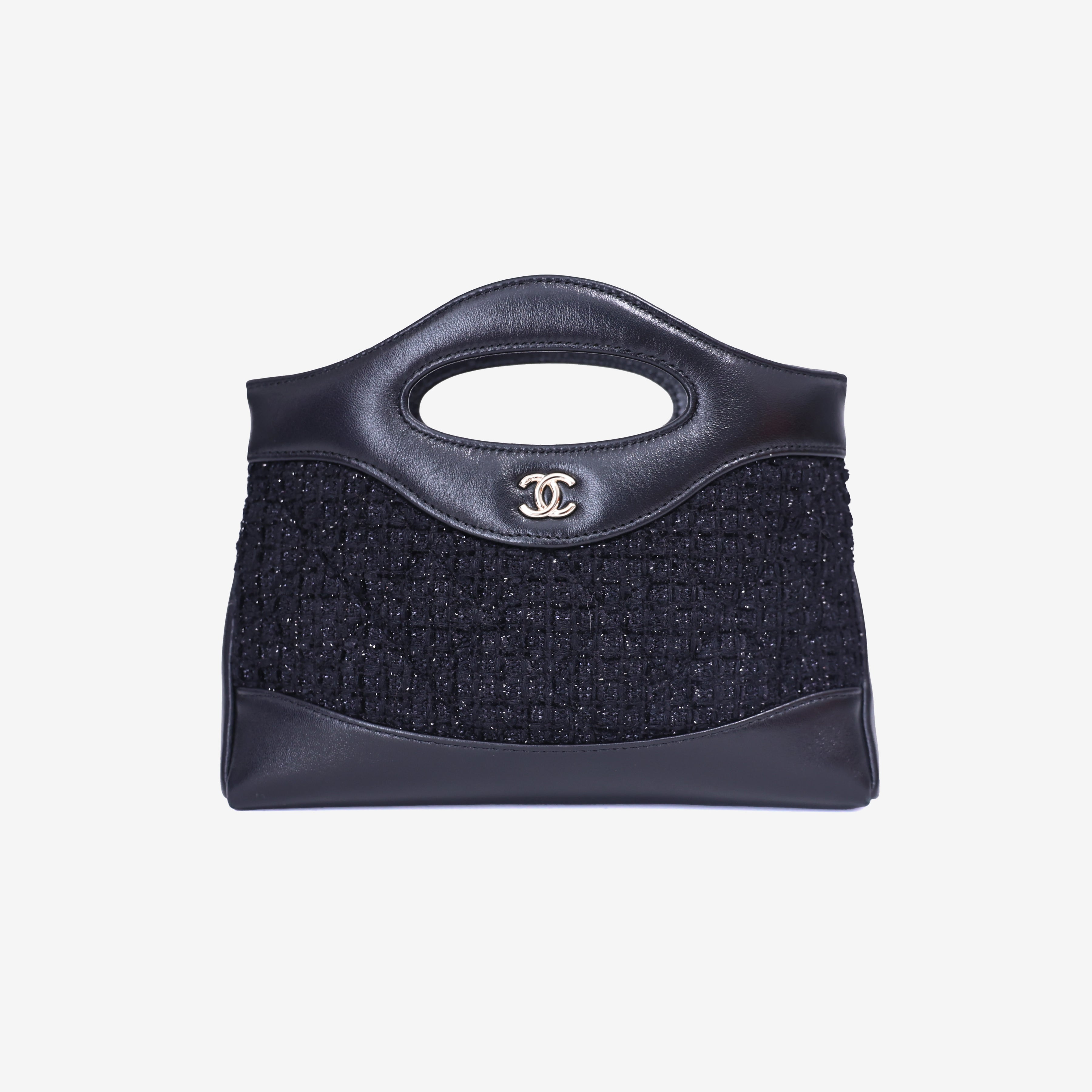 Chanel 31 Clutch with Chain Black Tweed & Lambskin Leather with Gold Hardware front view