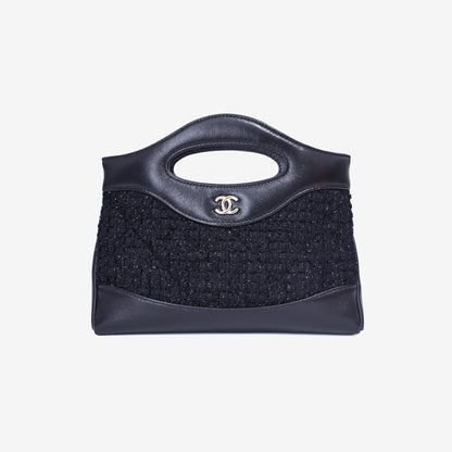 Chanel 31 Clutch with Chain Black Tweed & Lambskin Leather with Gold Hardware front view