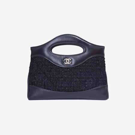 Chanel 31 Clutch with Chain Black Tweed & Lambskin Leather with Gold Hardware front view