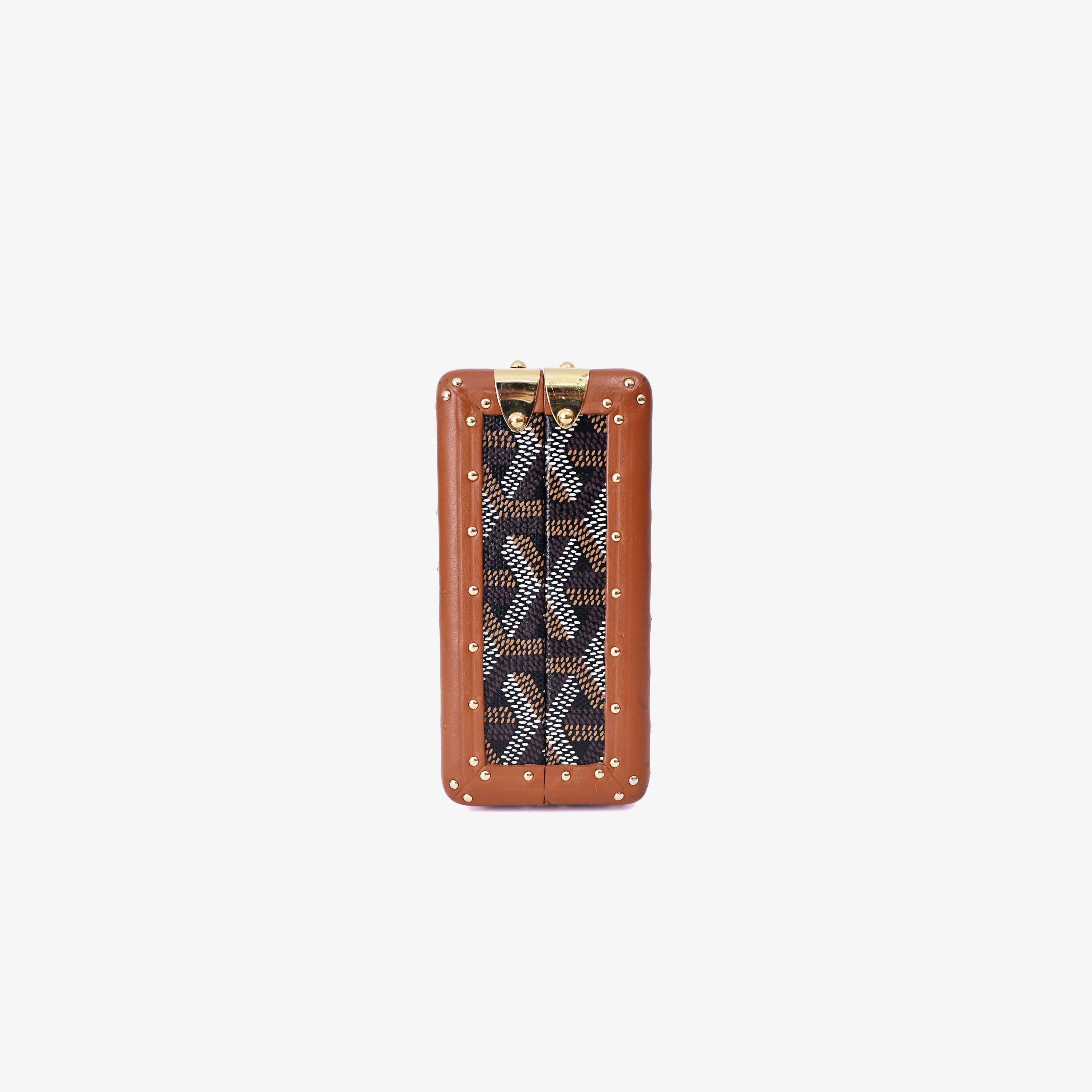 Goyard Minaudière Trunk Shoulder Bag in Black/Tan Goyardine Canvas with Clamecy Cowhide with Gold Hardware side view
