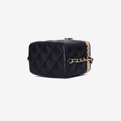 Chanel Lock Frame Vanity Case with Chain in Black Lambskin Leather with Gold Hardware