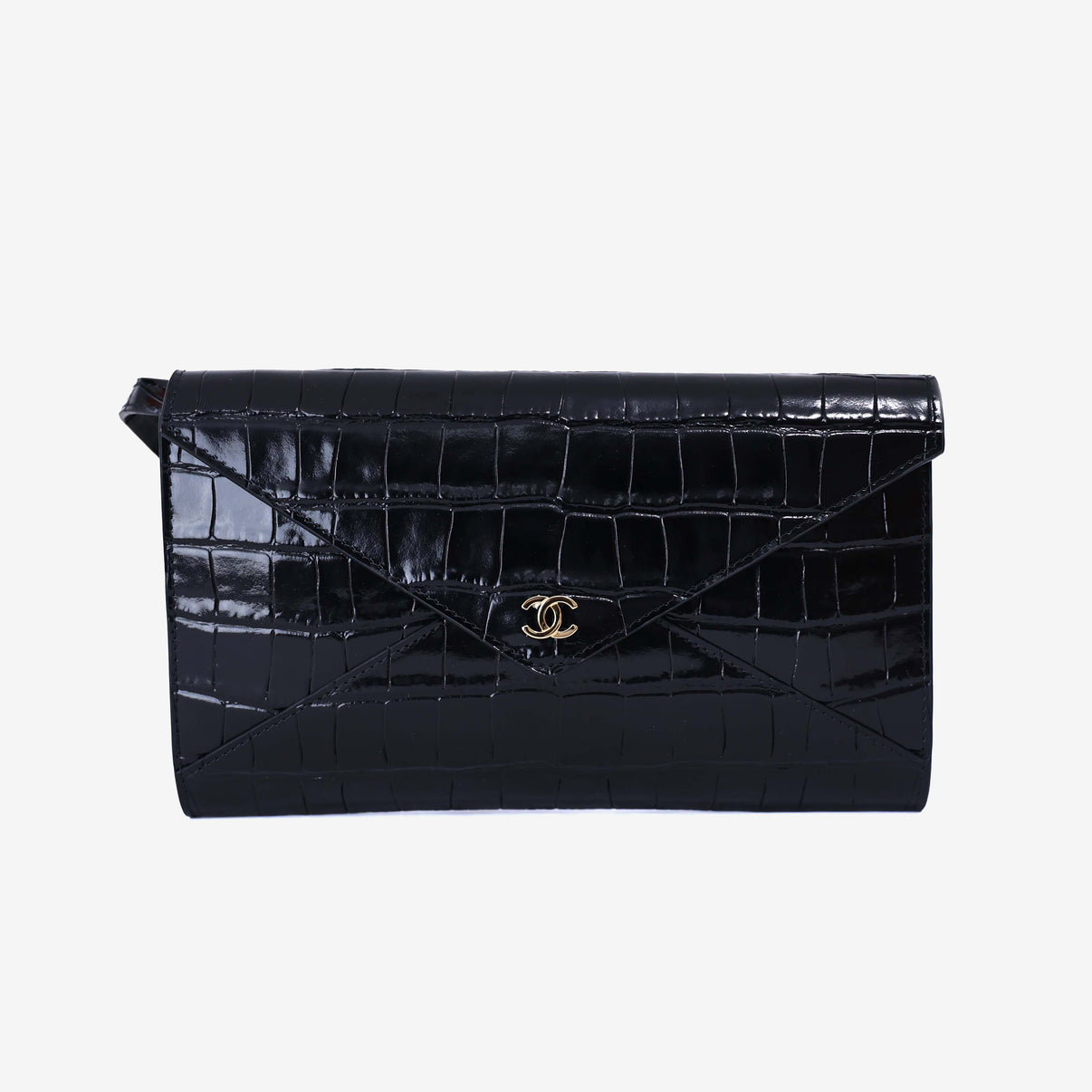 Chanel SS26 Clutch with Chain with Black Crocodile-Embossed Calfskin Leather with Gold Hardware front view